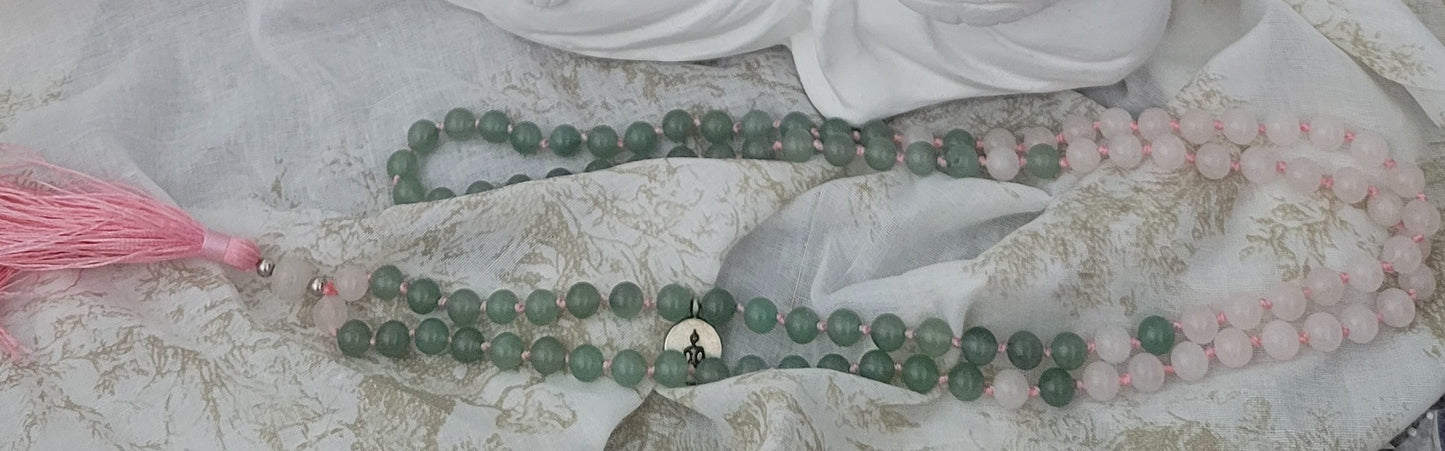 Mala halsband aventurin & rosenkvarts, 108 pärlor handgjord