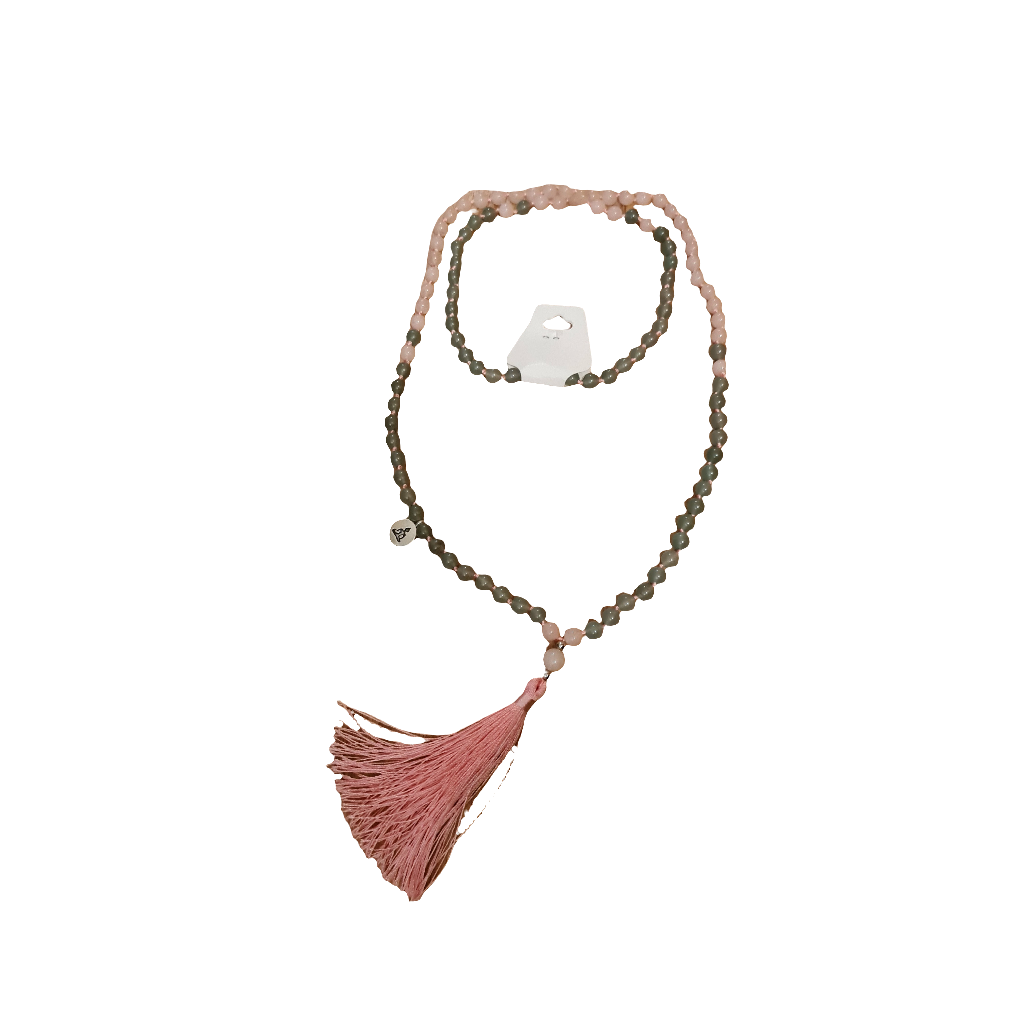 Mala halsband aventurin & rosenkvarts, 108 pärlor handgjord