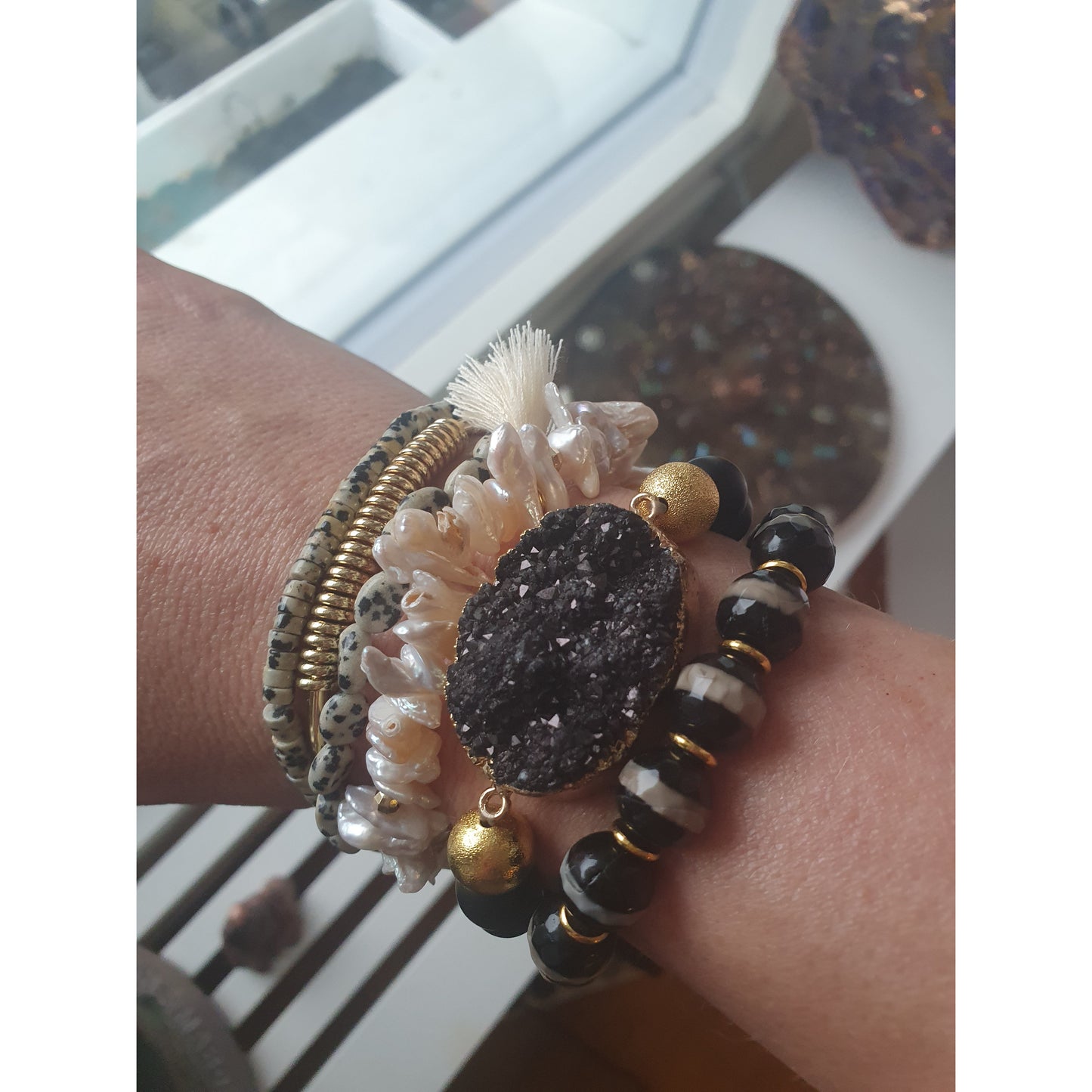 Lyxigt Boho armband set, svart Druzy agat 18k guldöverdrag/guldplättering