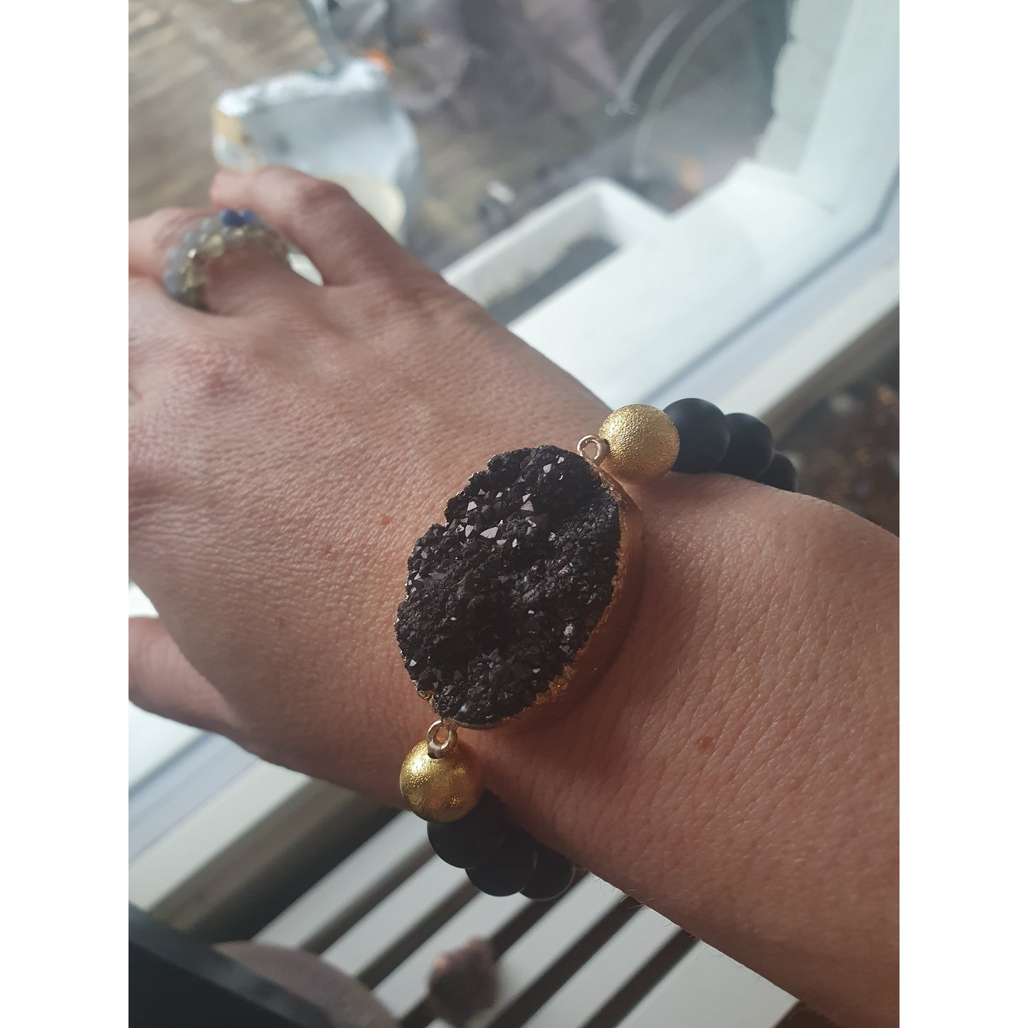Lyxigt Boho armband set, svart Druzy agat 18k guldöverdrag/guldplättering