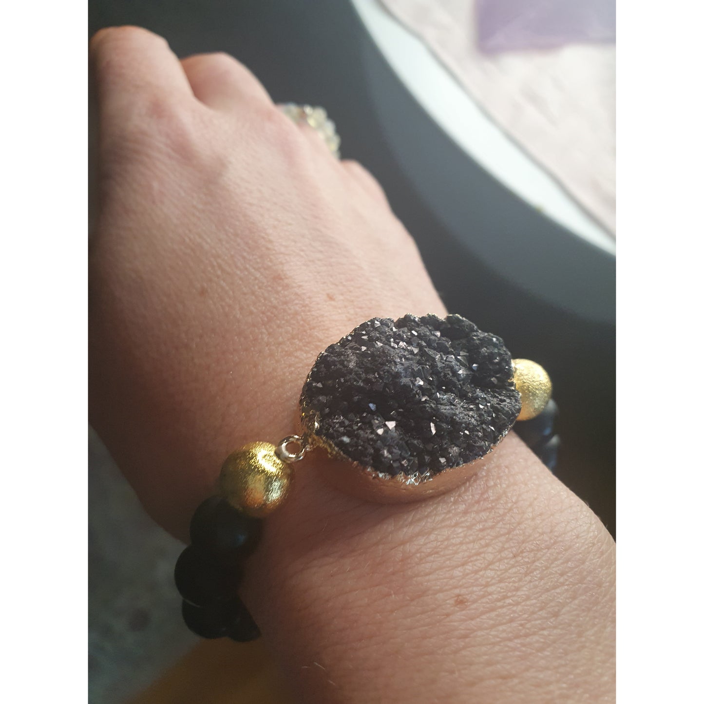 Lyxigt Boho armband set, svart Druzy agat 18k guldöverdrag/guldplättering