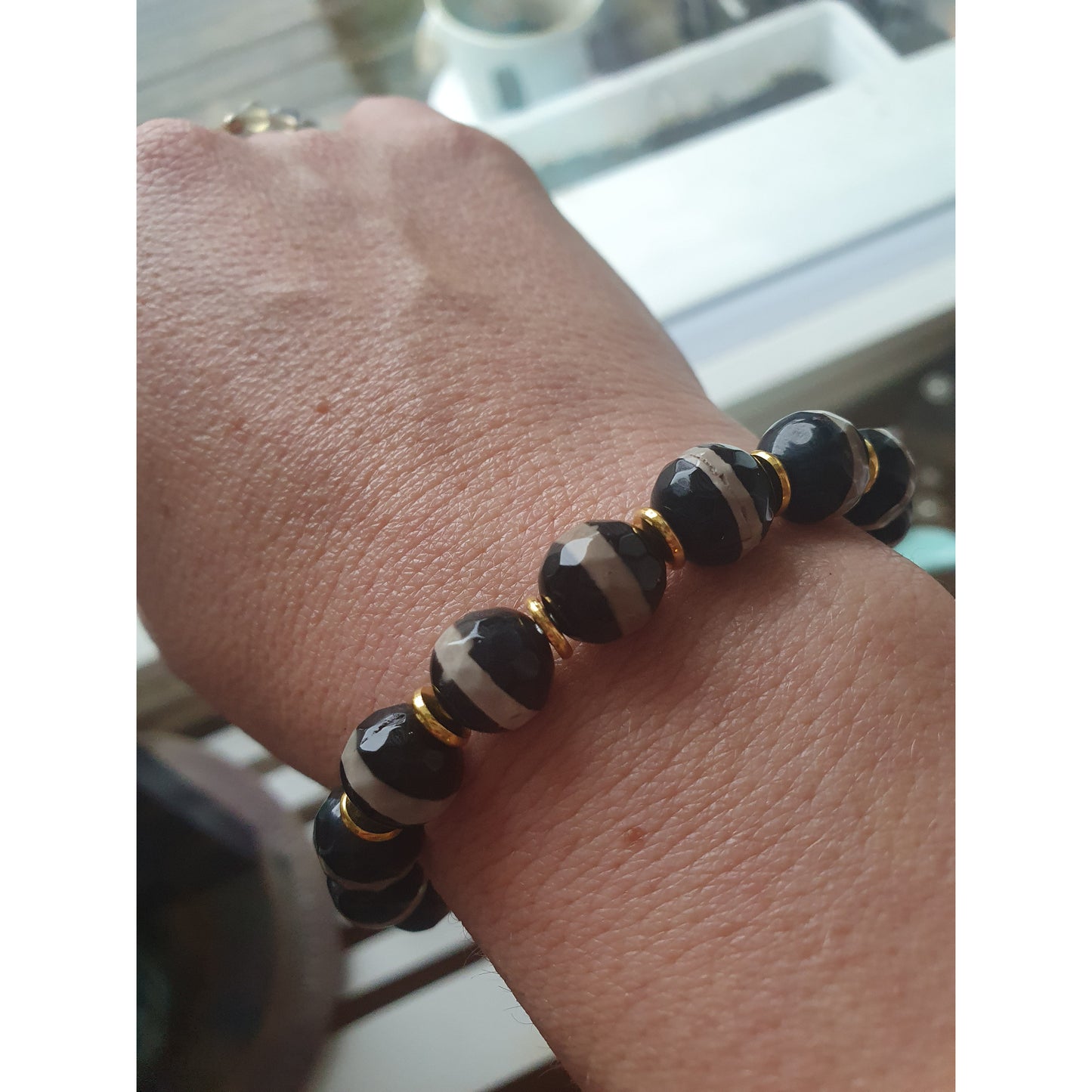 Lyxigt Boho armband set, svart Druzy agat 18k guldöverdrag/guldplättering