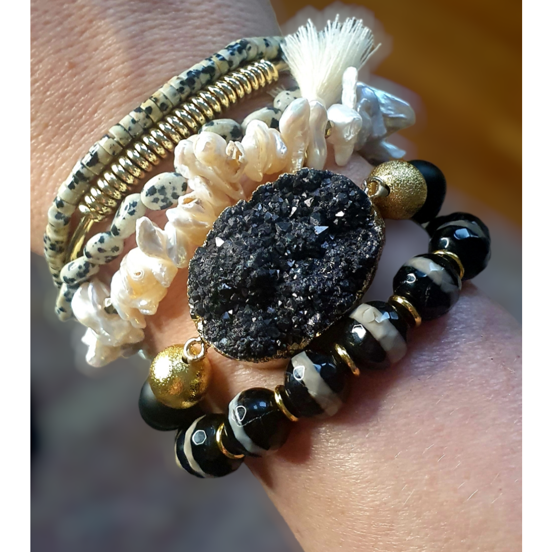 Lyxigt Boho armband set, svart Druzy agat 18k guldöverdrag/guldplättering