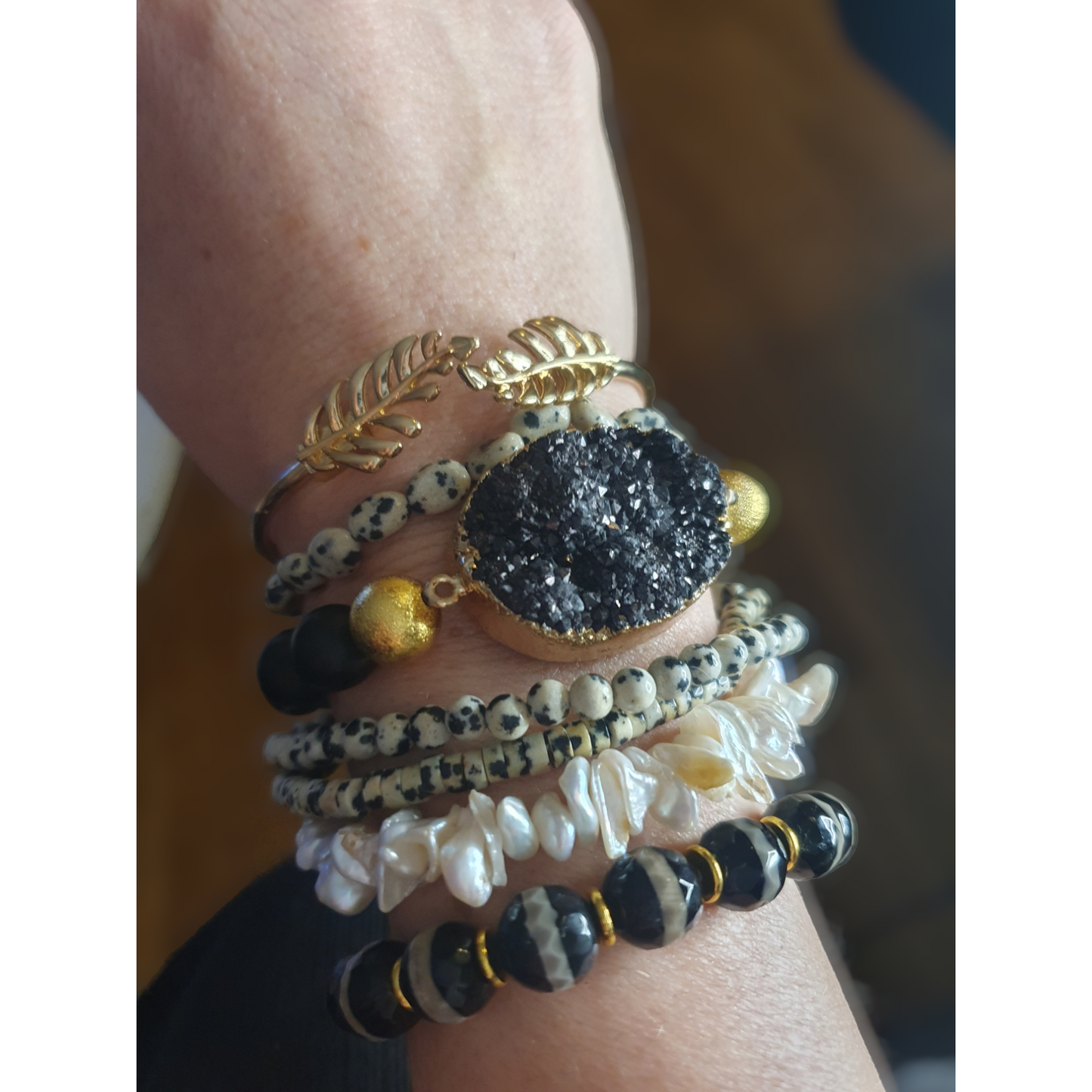 Lyxigt Boho armband set, svart Druzy agat 18k guldöverdrag/guldplättering