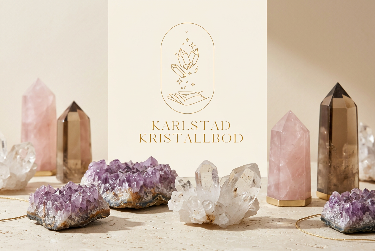 Presentationsbild för Karlstad Kristallbod med logga, kristallkluster och torn
