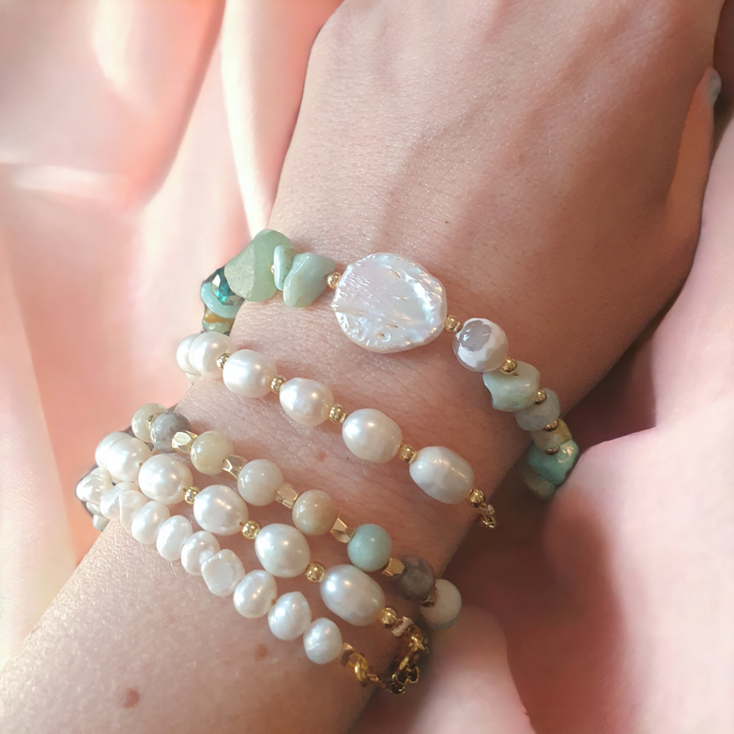 Boho lyxigt kristall armband set med äkta pärlor